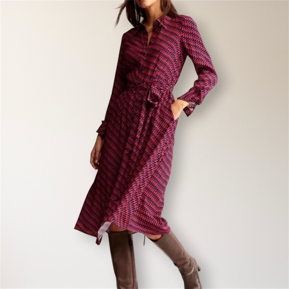 New Boden Kate Midi Shirt Dress 16-18R Red Blue Pop Peony Geo Belted D0733 Retro
